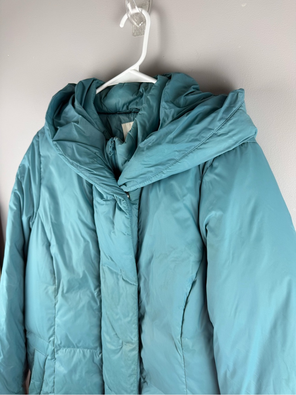 J Jill Womens Light Blue Down Filled Hooded Long Quilted Puffer Jacket Coat SZ L